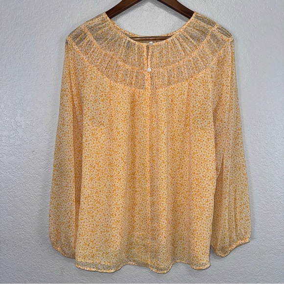Ann Taylor Floral Sheer‎ Shirt Blouse Top Large Dotted Yellow Blouse Office #cc - Picture 2 of 10